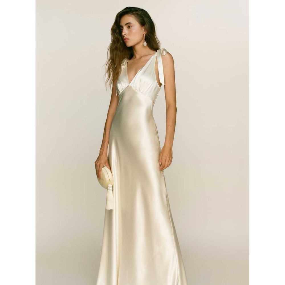 Reformation Pernille Silk Dress Ivory Bridal V Neck Tie Shoulder Maxi Gown New